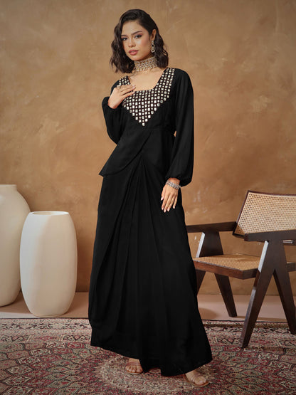 Women Black Embroidered Square Neck Top With Drape Skirt