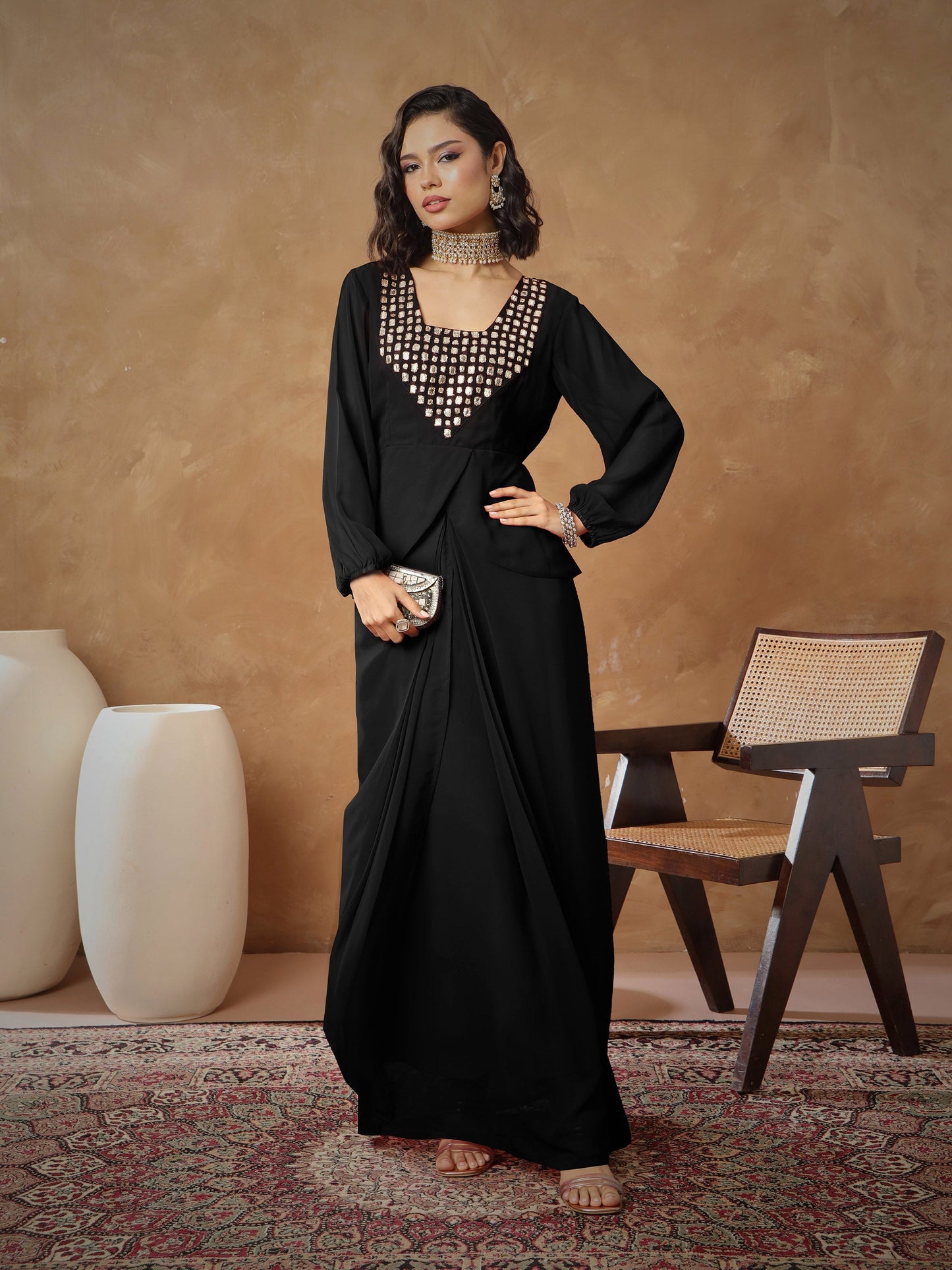 Women Black Embroidered Square Neck Top With Drape Skirt