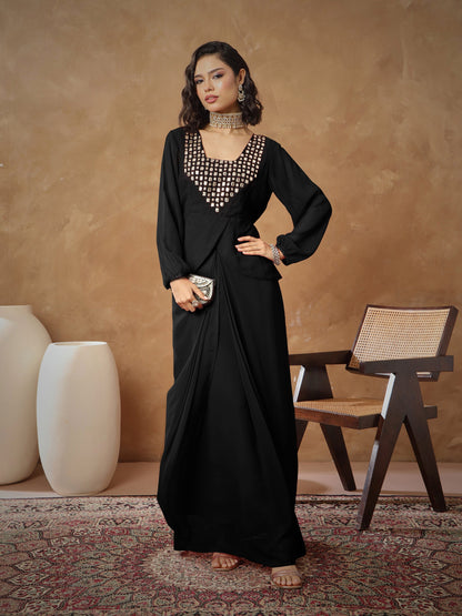 Women Black Embroidered Square Neck Top With Drape Skirt
