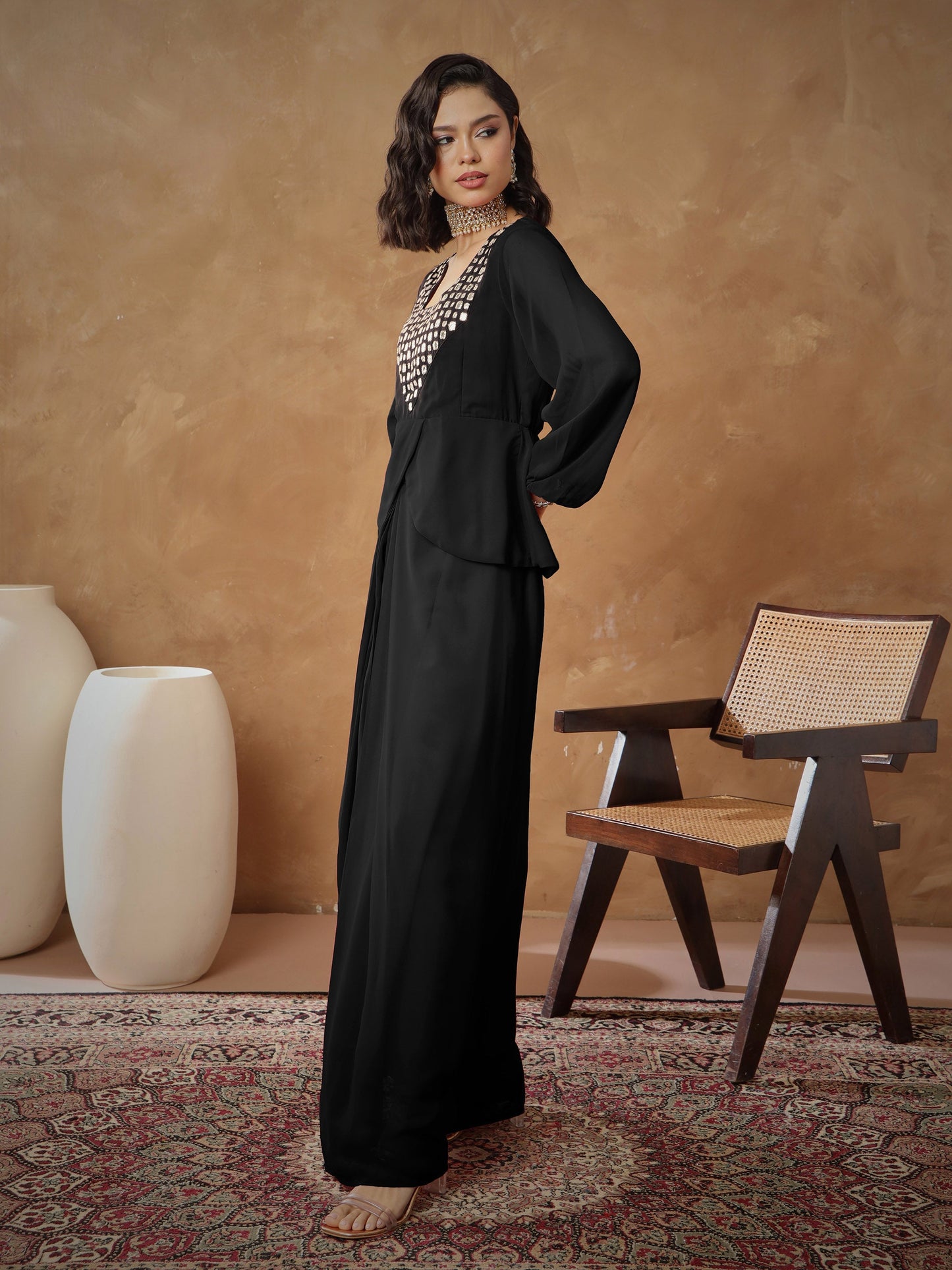 Women Black Embroidered Square Neck Top With Drape Skirt