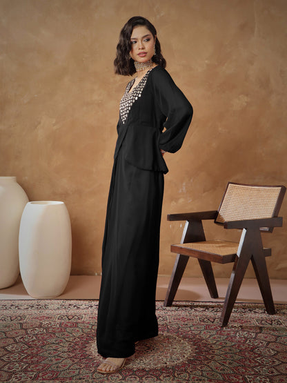 Women Black Embroidered Square Neck Top With Drape Skirt