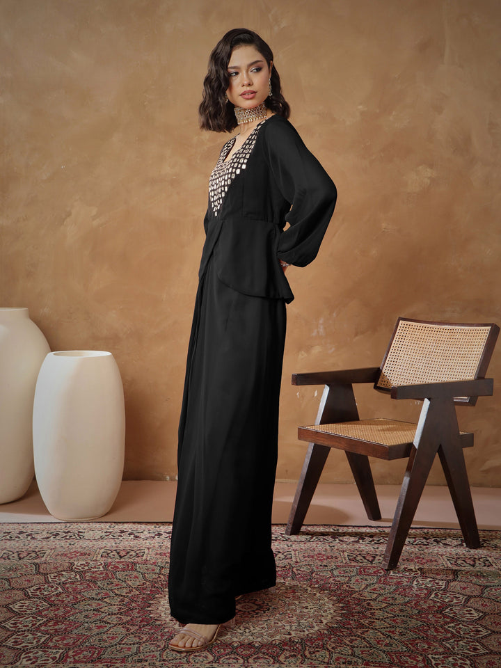 Women Black Embroidered Square Neck Top With Drape Skirt