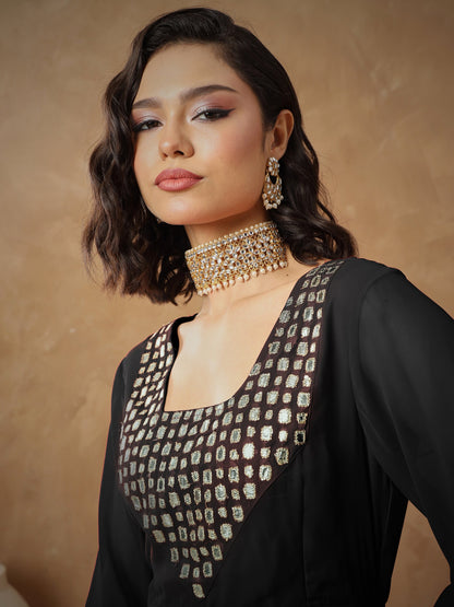 Women Black Embroidered Square Neck Top With Drape Skirt