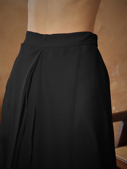 Women Black Embroidered Square Neck Top With Drape Skirt