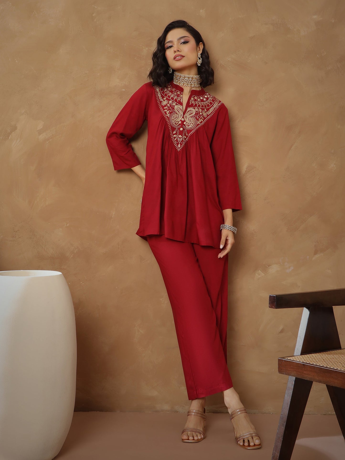 Maroon Embroidered Peplum Top With Pants