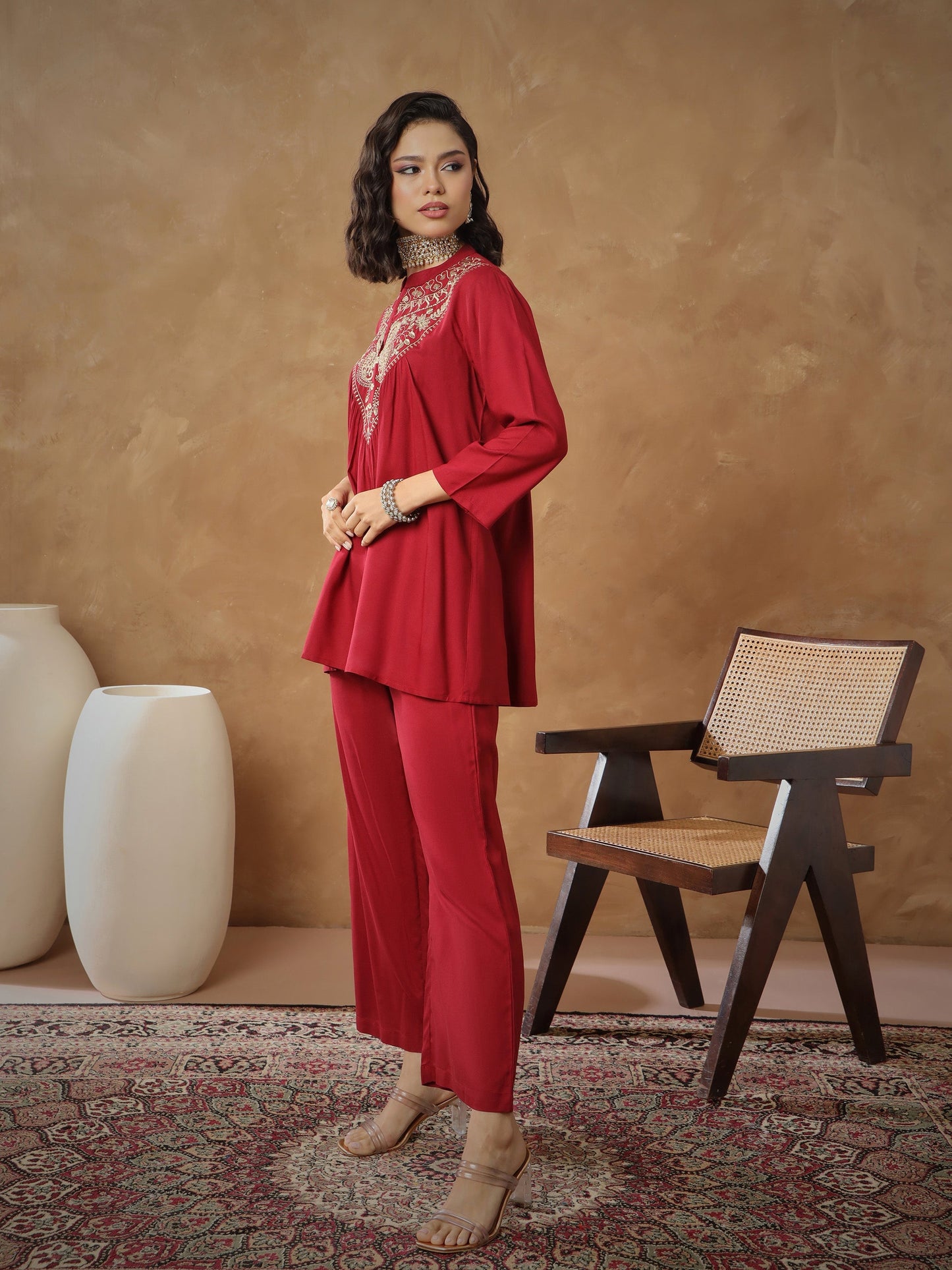 Maroon Embroidered Peplum Top With Pants