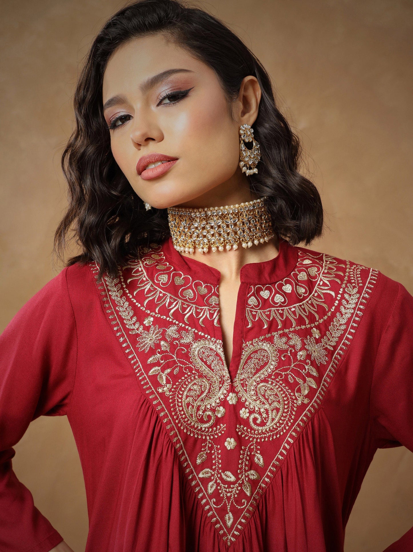 Maroon Embroidered Peplum Top With Pants