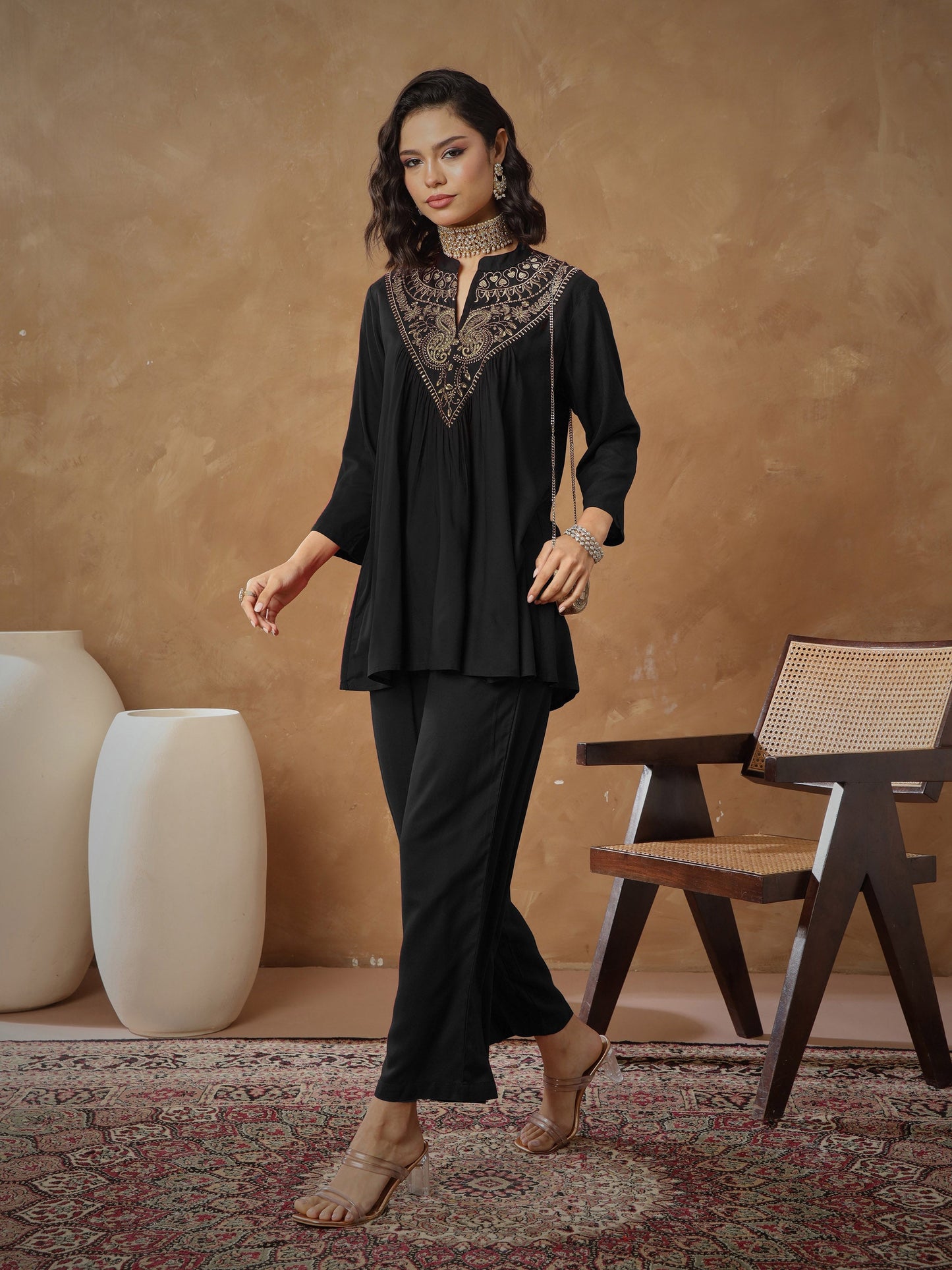 Women Black Embroidered Peplum Top With Pants