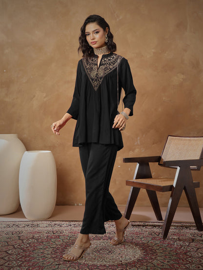 Women Black Embroidered Peplum Top With Pants