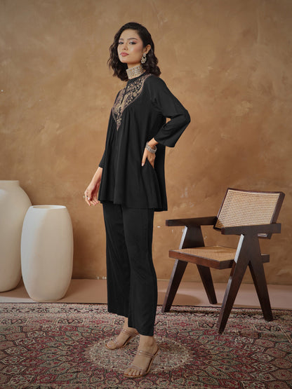 Women Black Embroidered Peplum Top With Pants