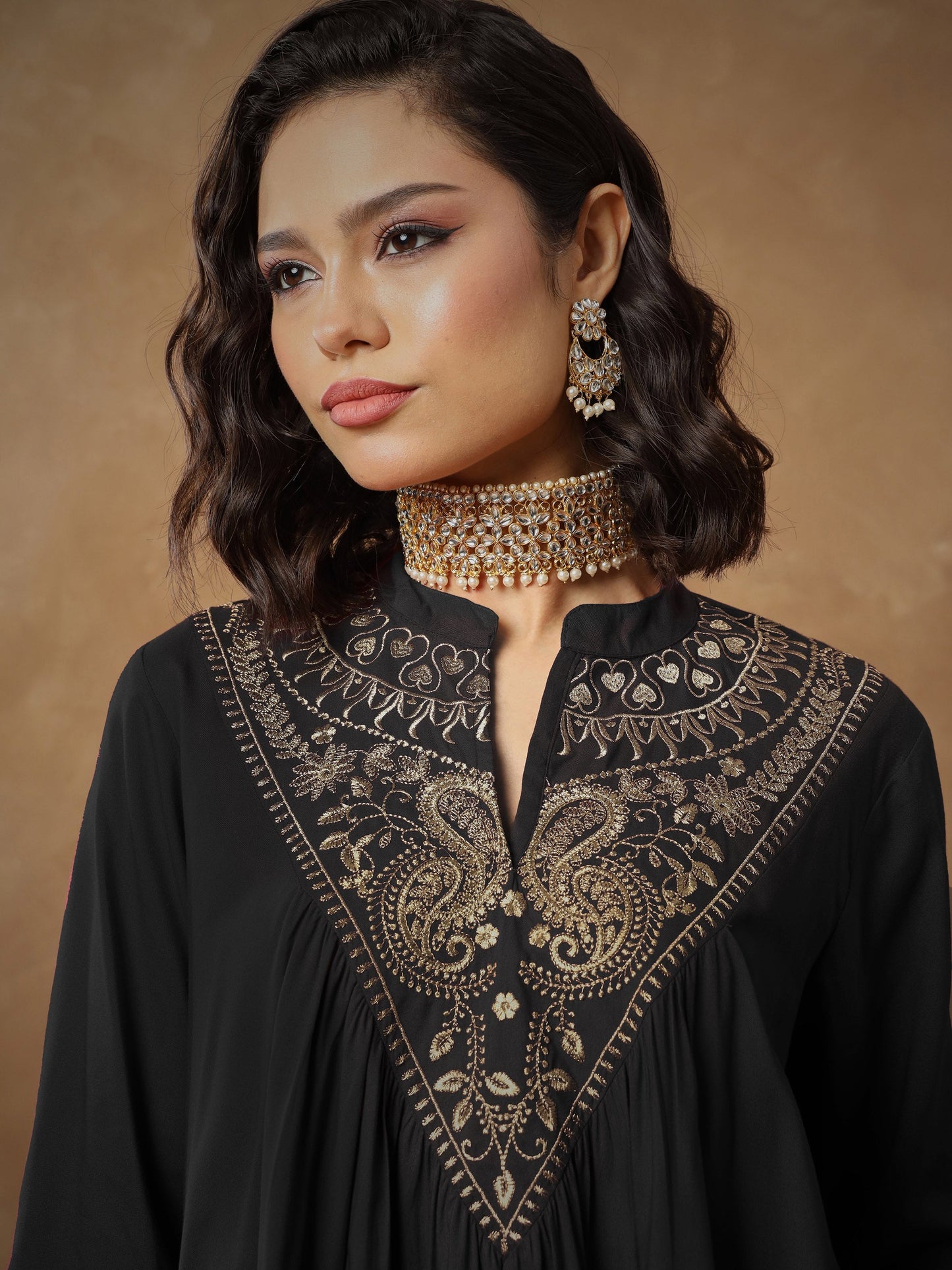 Women Black Embroidered Peplum Top With Pants