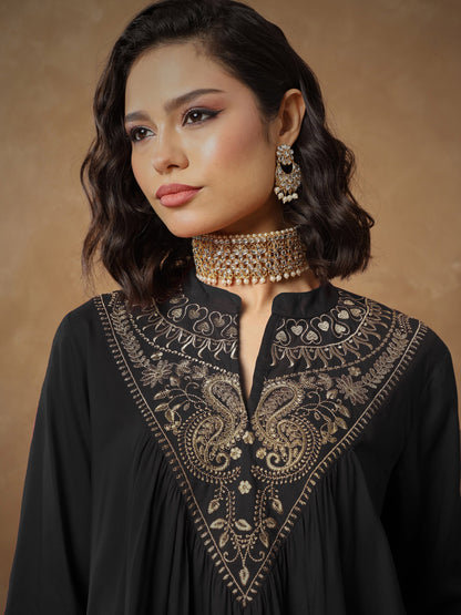 Women Black Embroidered Peplum Top With Pants