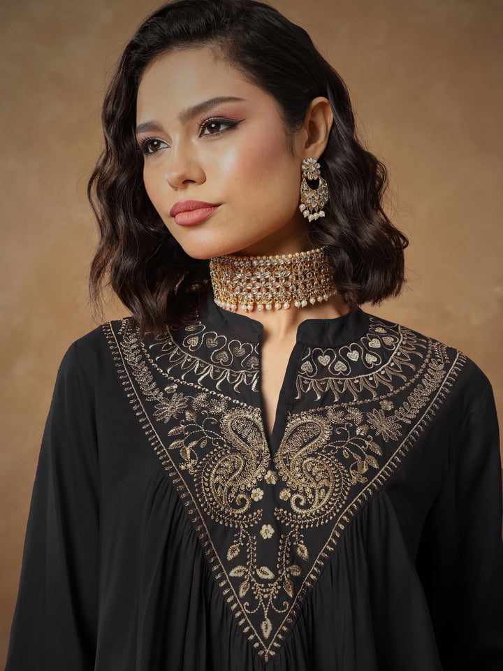 Women Black Embroidered Peplum Top With Pants