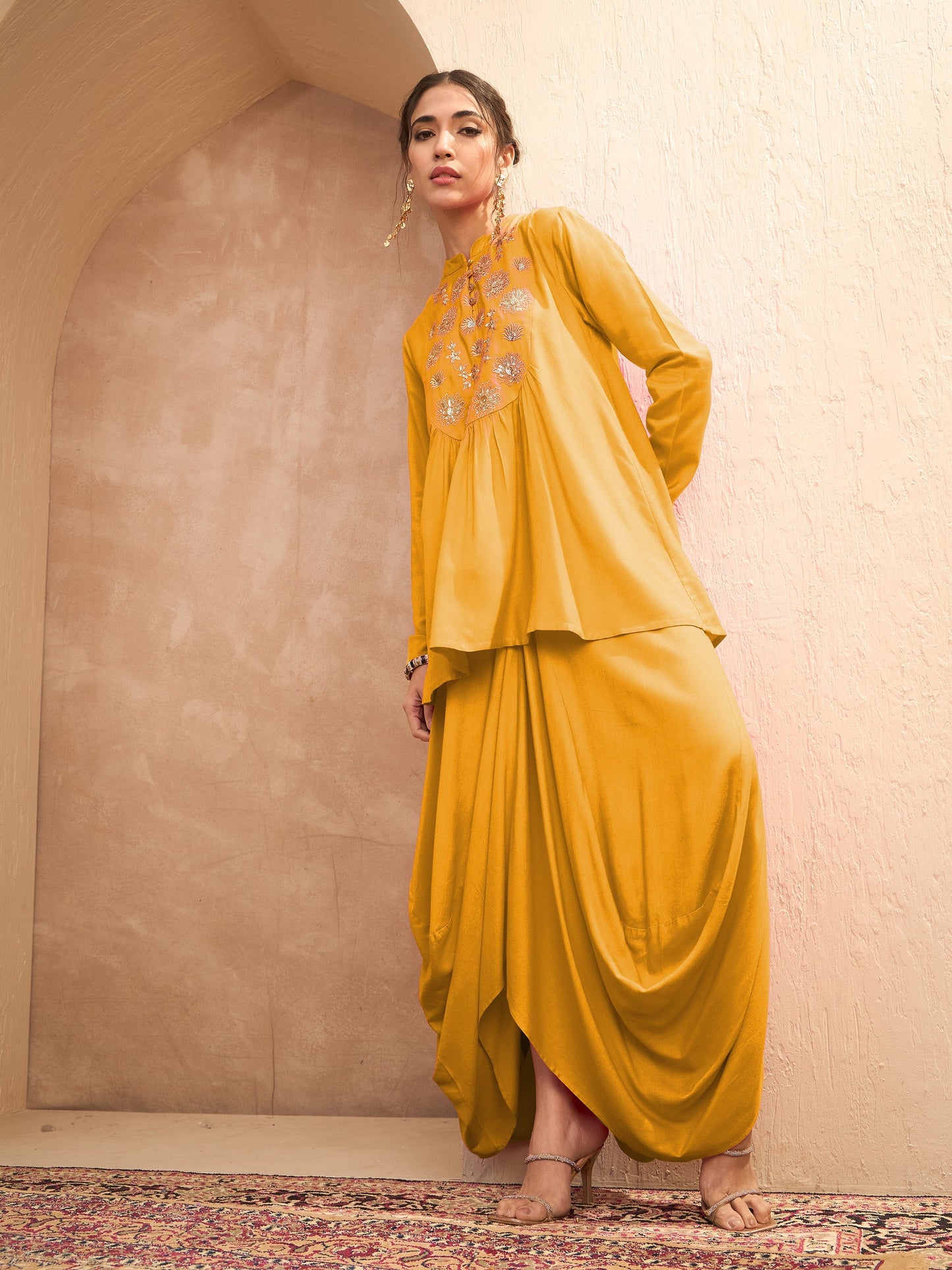 Mustard Embroidered Peplum Top With Dhoti Skirt