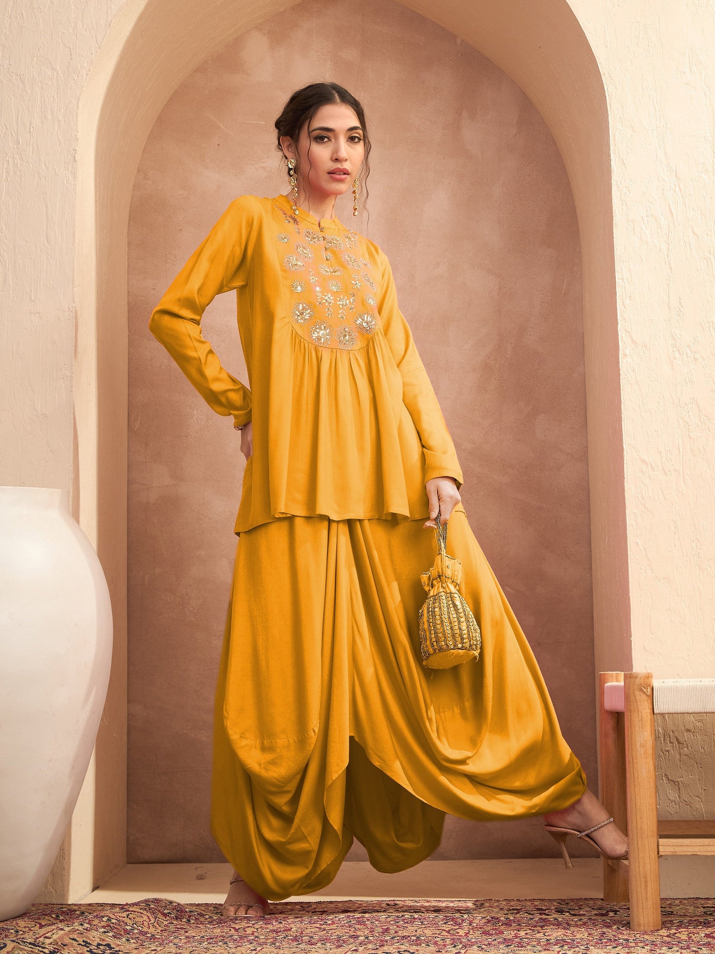 Mustard Embroidered Peplum Top With Dhoti Skirt