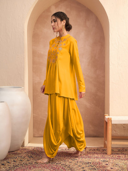 Mustard Embroidered Peplum Top With Dhoti Skirt