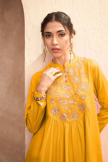 Mustard Embroidered Peplum Top With Dhoti Skirt