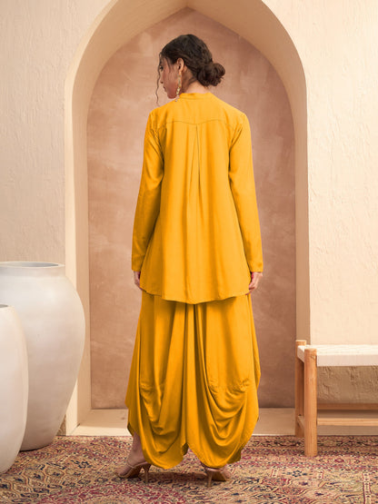 Mustard Embroidered Peplum Top With Dhoti Skirt
