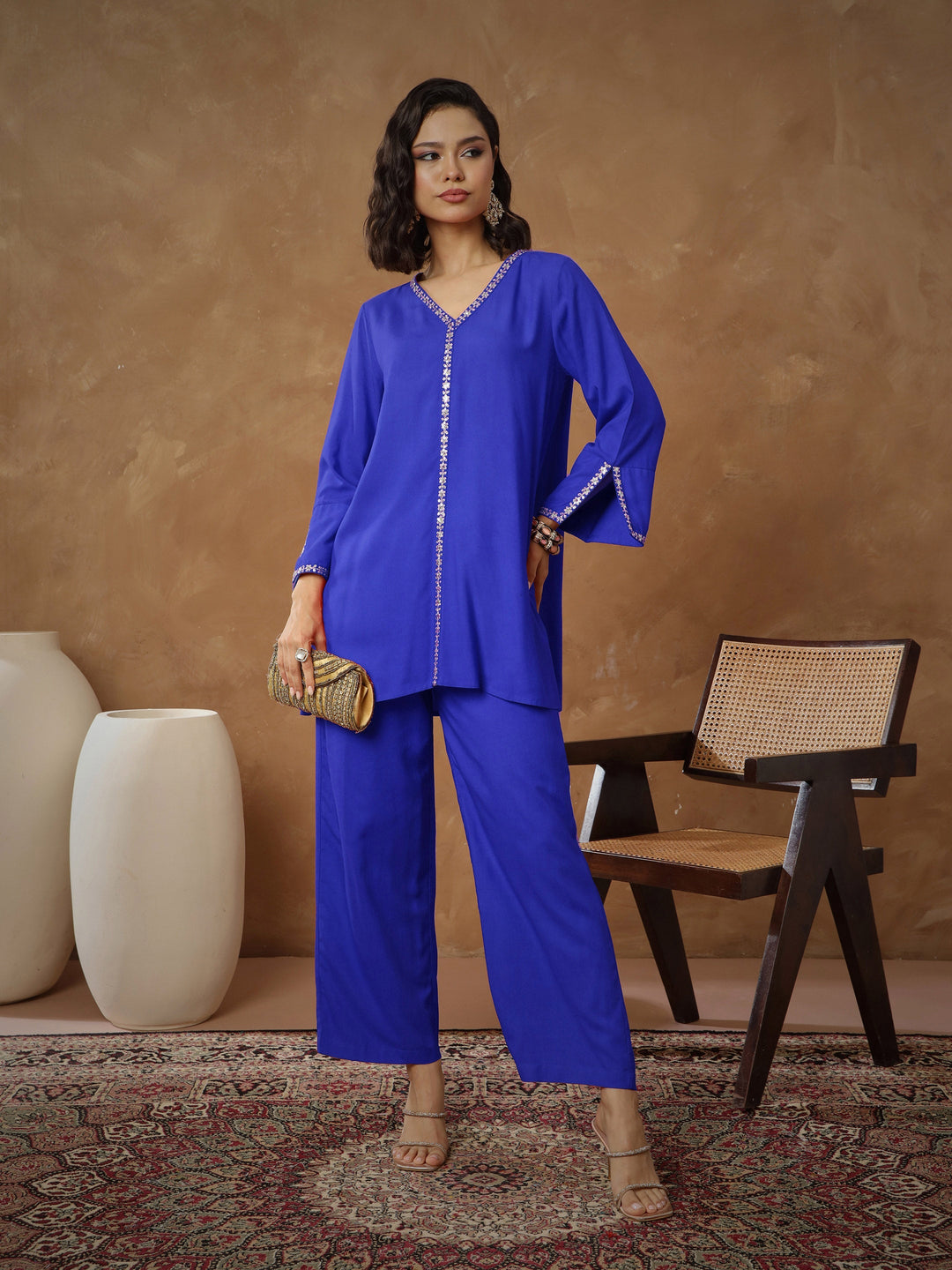 Women Navy Embroidered A-Line Top With Pants