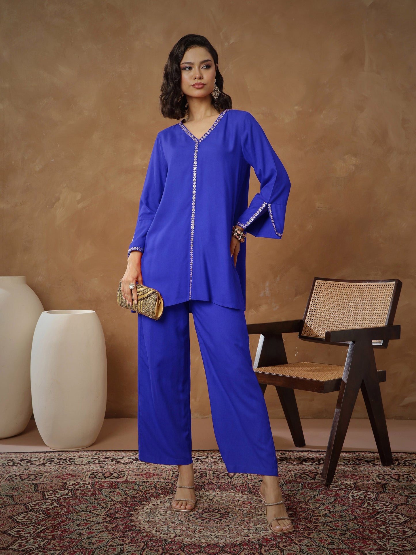 Women Navy Embroidered A-Line Top With Pants