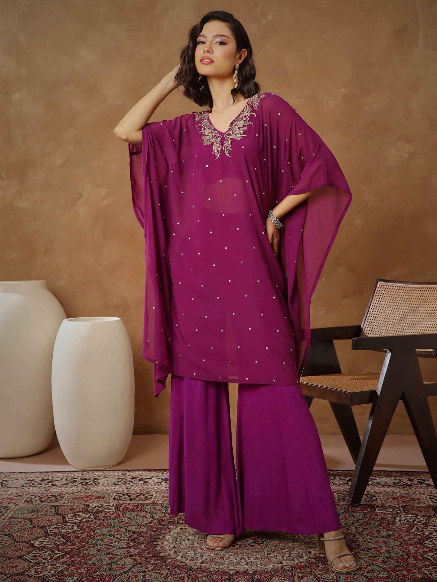 Women's Women Purple Embroidered Kaftan With Cami & Flared Pants in Georgette by Shae for wholesale, bulk, supplier, manufacturer and wholesaler buyers from Trendphoria