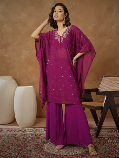Women's Women Purple Embroidered Kaftan With Cami & Flared Pants in Georgette by Shae for wholesale, bulk, supplier, manufacturer and wholesaler buyers from Trendphoria