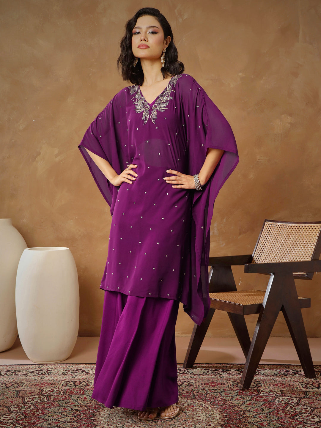 Women Purple Embroidered Kaftan With Cami &amp; Flared Pants