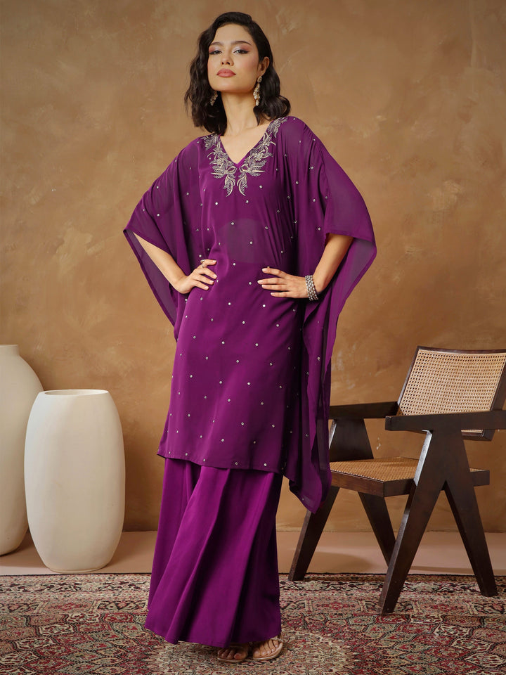Women Purple Embroidered Kaftan With Cami &amp; Flared Pants