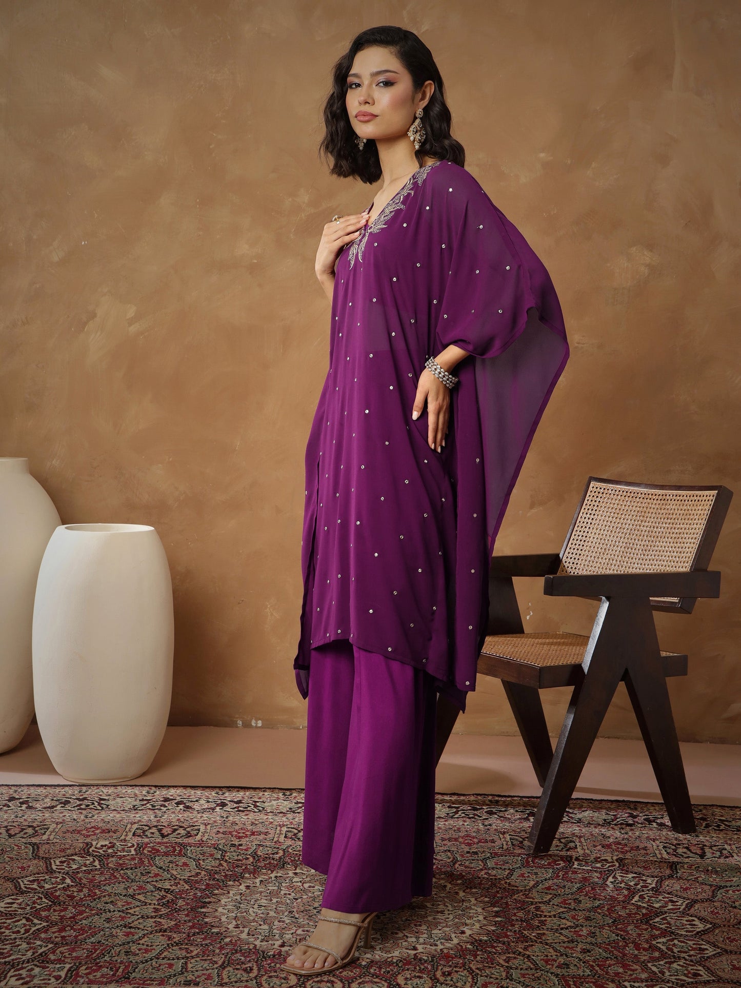 Women Purple Embroidered Kaftan With Cami & Flared Pants