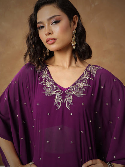 Women Purple Embroidered Kaftan With Cami & Flared Pants