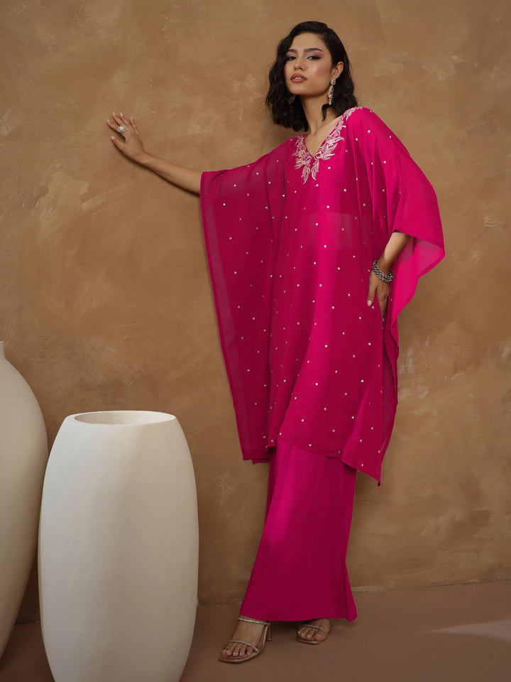 Women Fuchsia Embroidered Kaftan With Cami &amp; Flared Pants