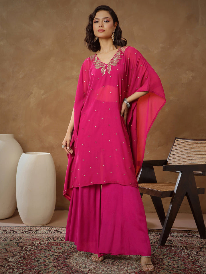 Women Fuchsia Embroidered Kaftan With Cami &amp; Flared Pants