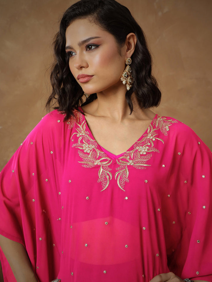 Women Fuchsia Embroidered Kaftan With Cami &amp; Flared Pants