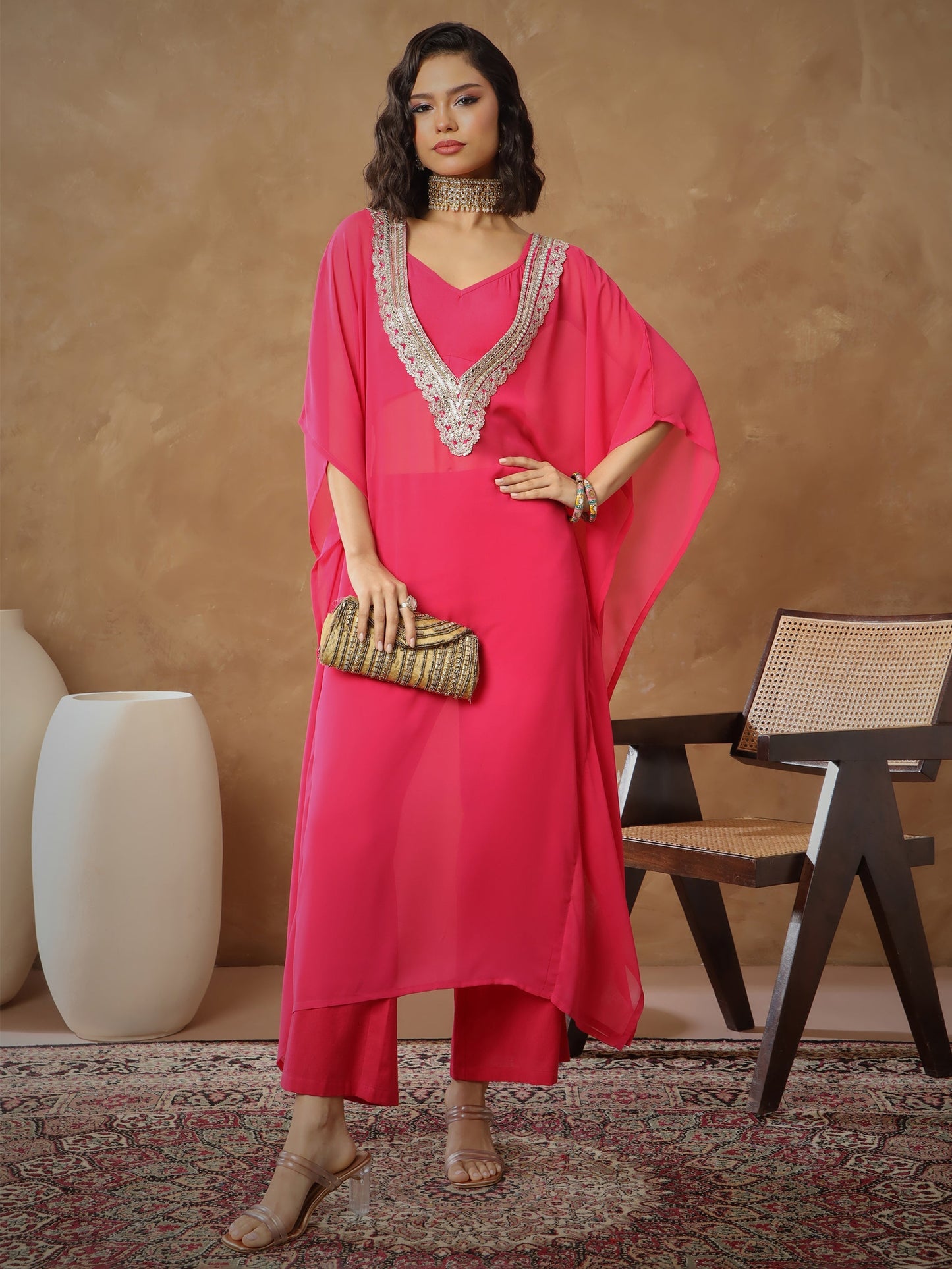 Women Fuchsia Embroidered Kaftan With Cami & Straight Pants