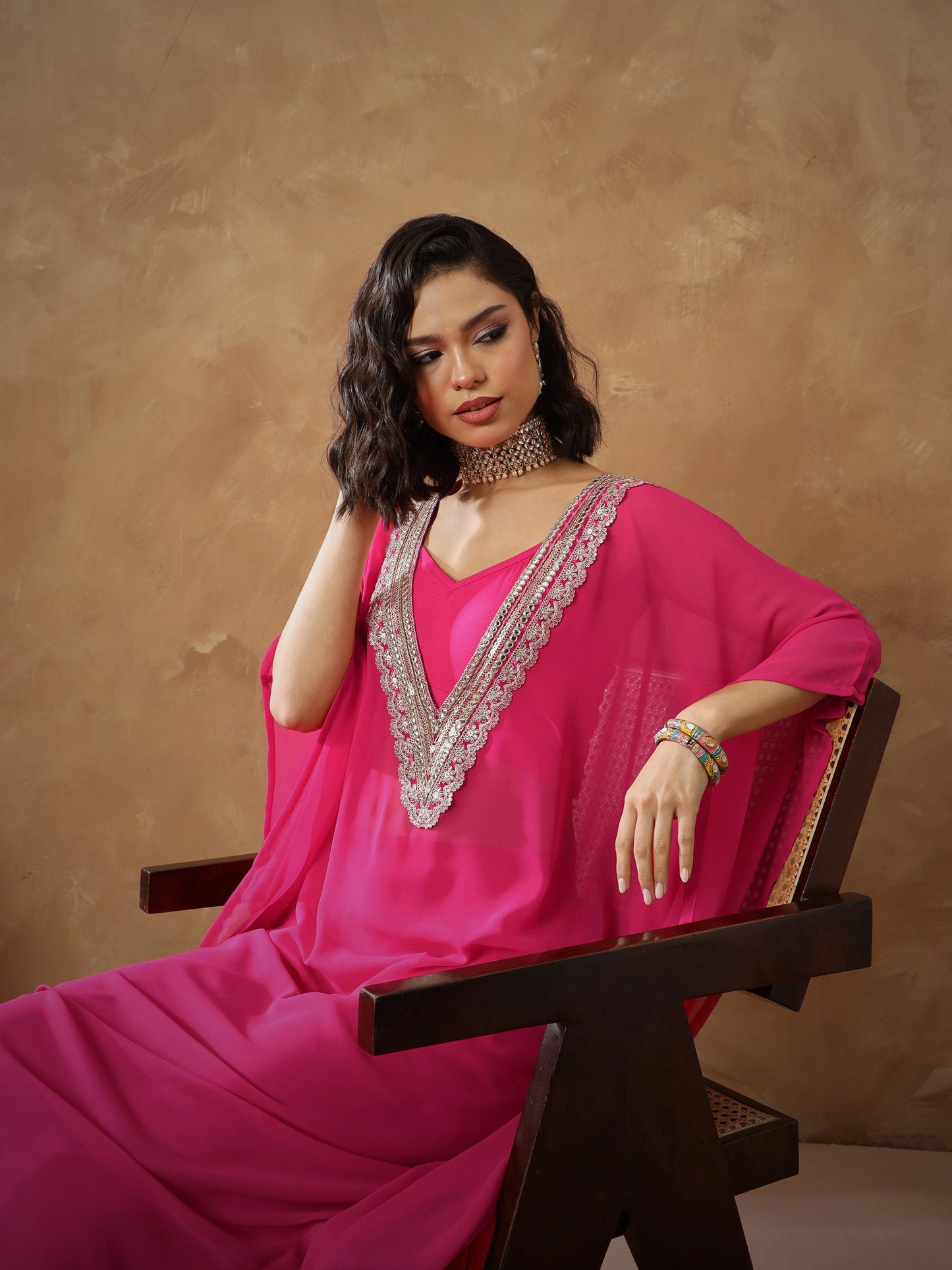 Women Fuchsia Embroidered Kaftan With Cami & Straight Pants