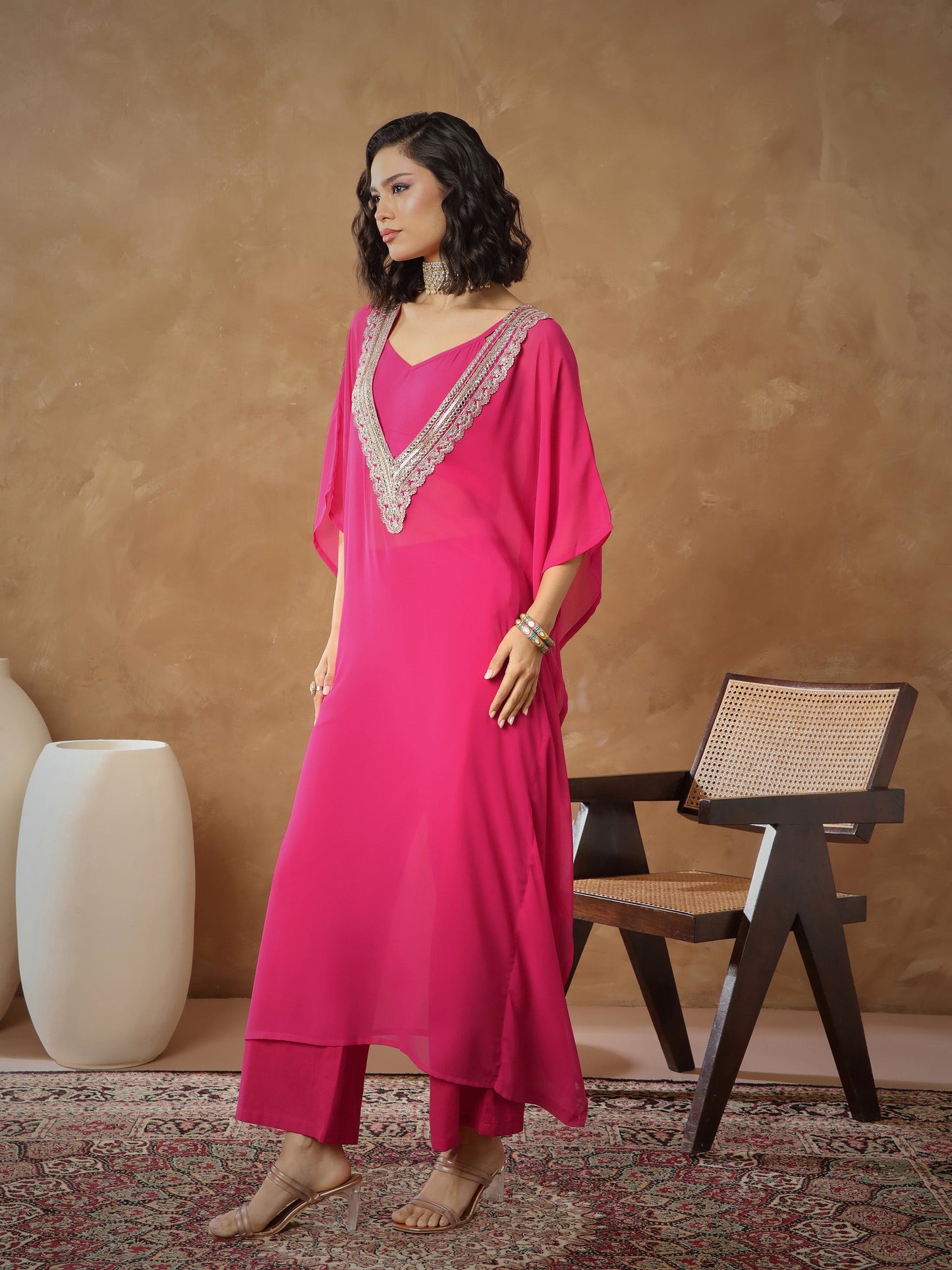 Women Fuchsia Embroidered Kaftan With Cami & Straight Pants