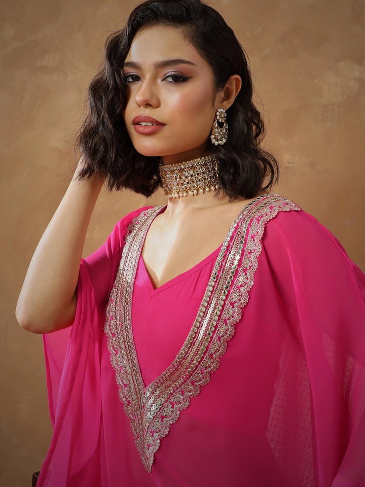 Women Fuchsia Embroidered Kaftan With Cami &amp; Straight Pants