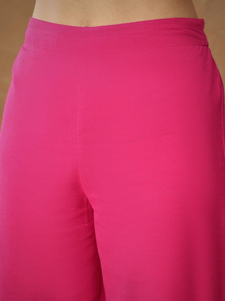 Women Fuchsia Embroidered Kaftan With Cami &amp; Straight Pants