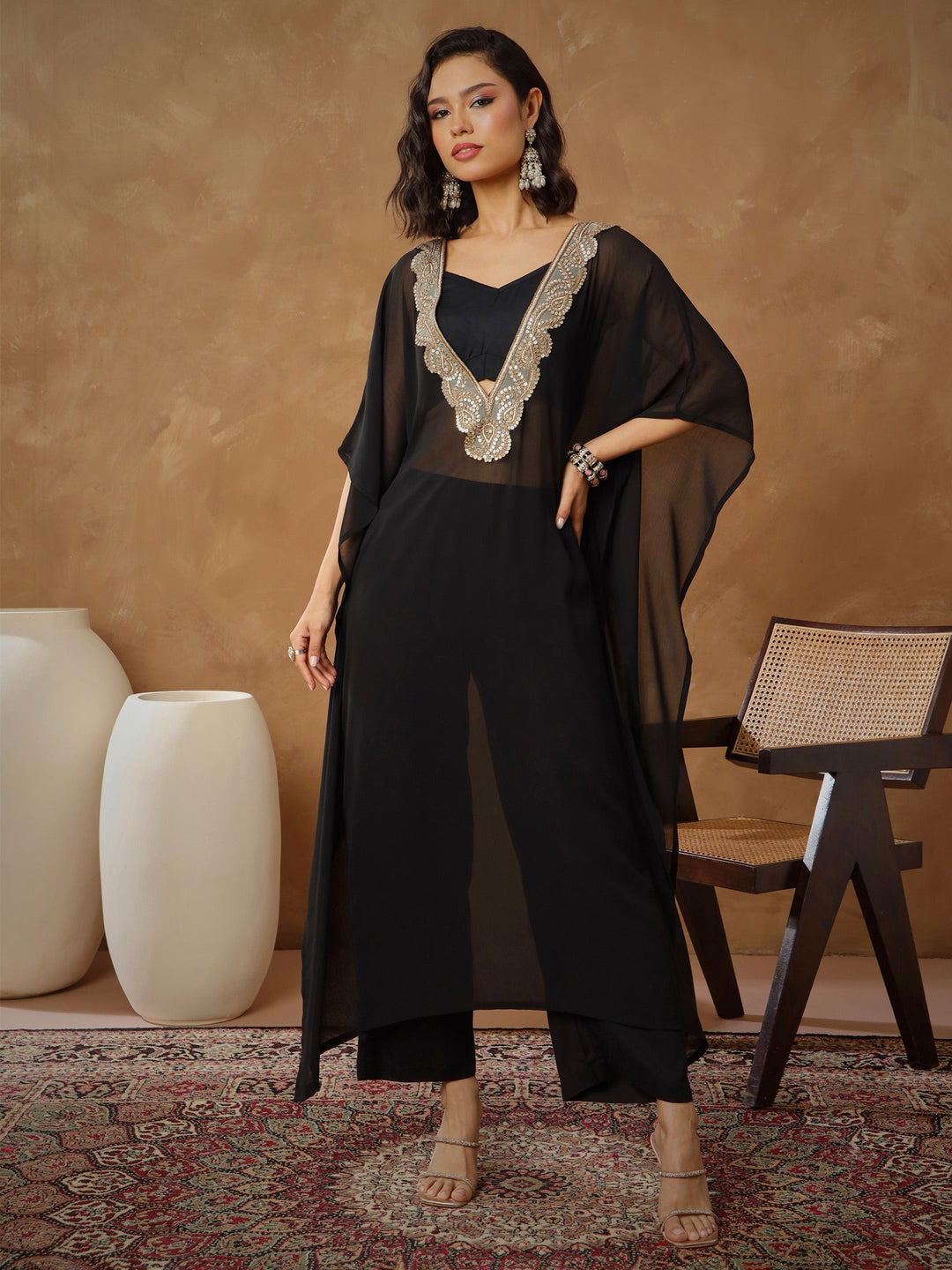 Women Black Embroidered Kaftan With Cami &amp; Straight Pants