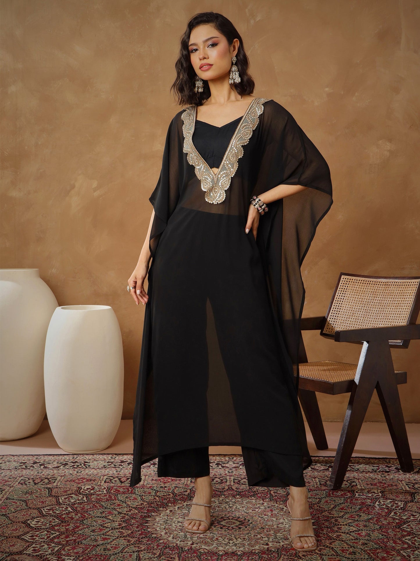 Women Black Embroidered Kaftan With Cami & Straight Pants