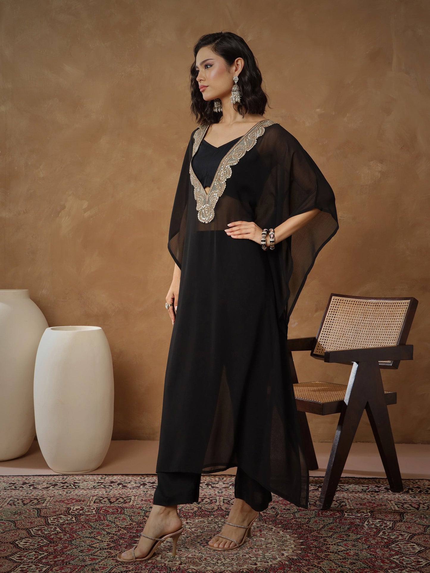 Women Black Embroidered Kaftan With Cami & Straight Pants