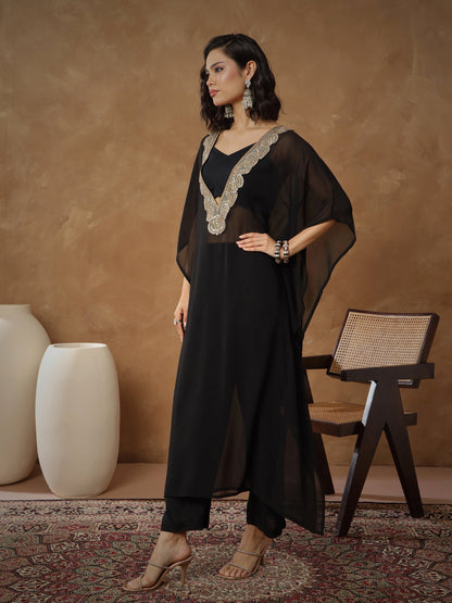 Women Black Embroidered Kaftan With Cami & Straight Pants