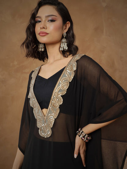 Women Black Embroidered Kaftan With Cami & Straight Pants