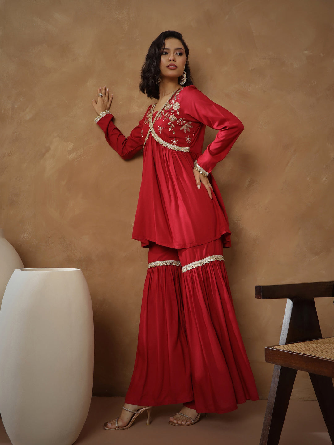 Women Maroon Embroidered Peplum Kurta With Sharara Pants