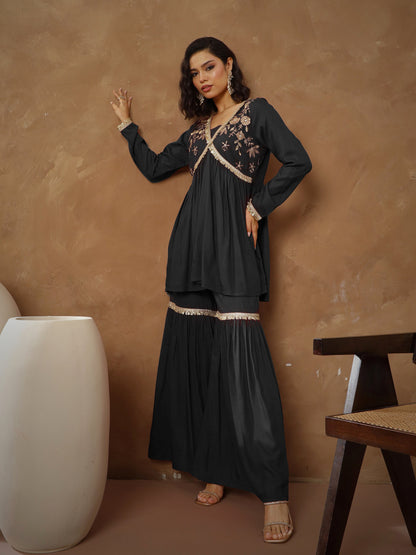 Women Black Embroidered Peplum Kurta With Sharara Pants