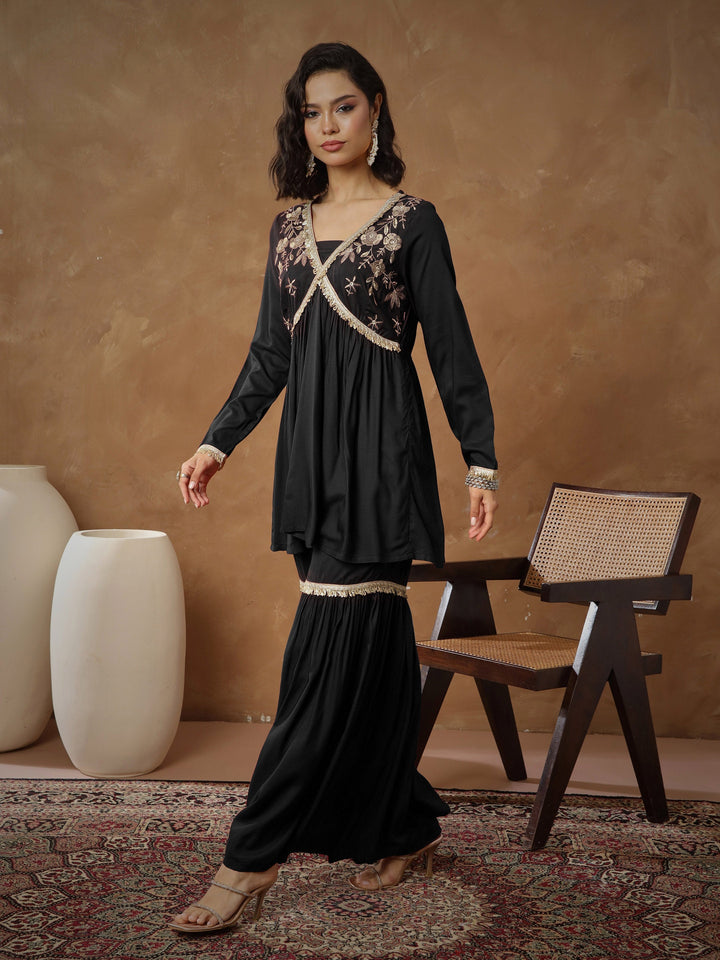 Women Black Embroidered Peplum Kurta With Sharara Pants