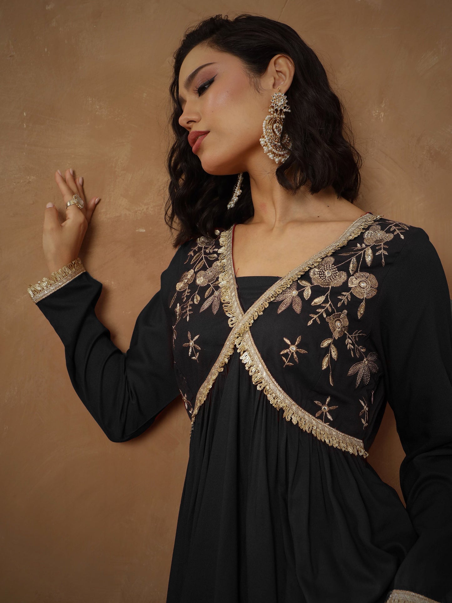 Women Black Embroidered Peplum Kurta With Sharara Pants