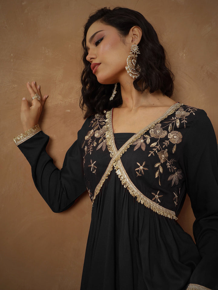 Women Black Embroidered Peplum Kurta With Sharara Pants