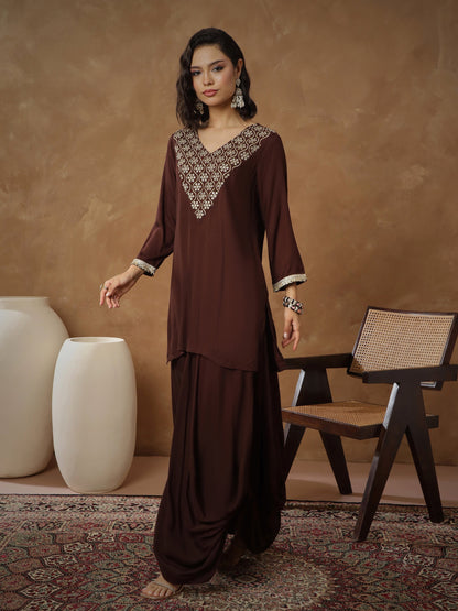 Women Brown Embroidered Short Kurta With Dhoti Skirt