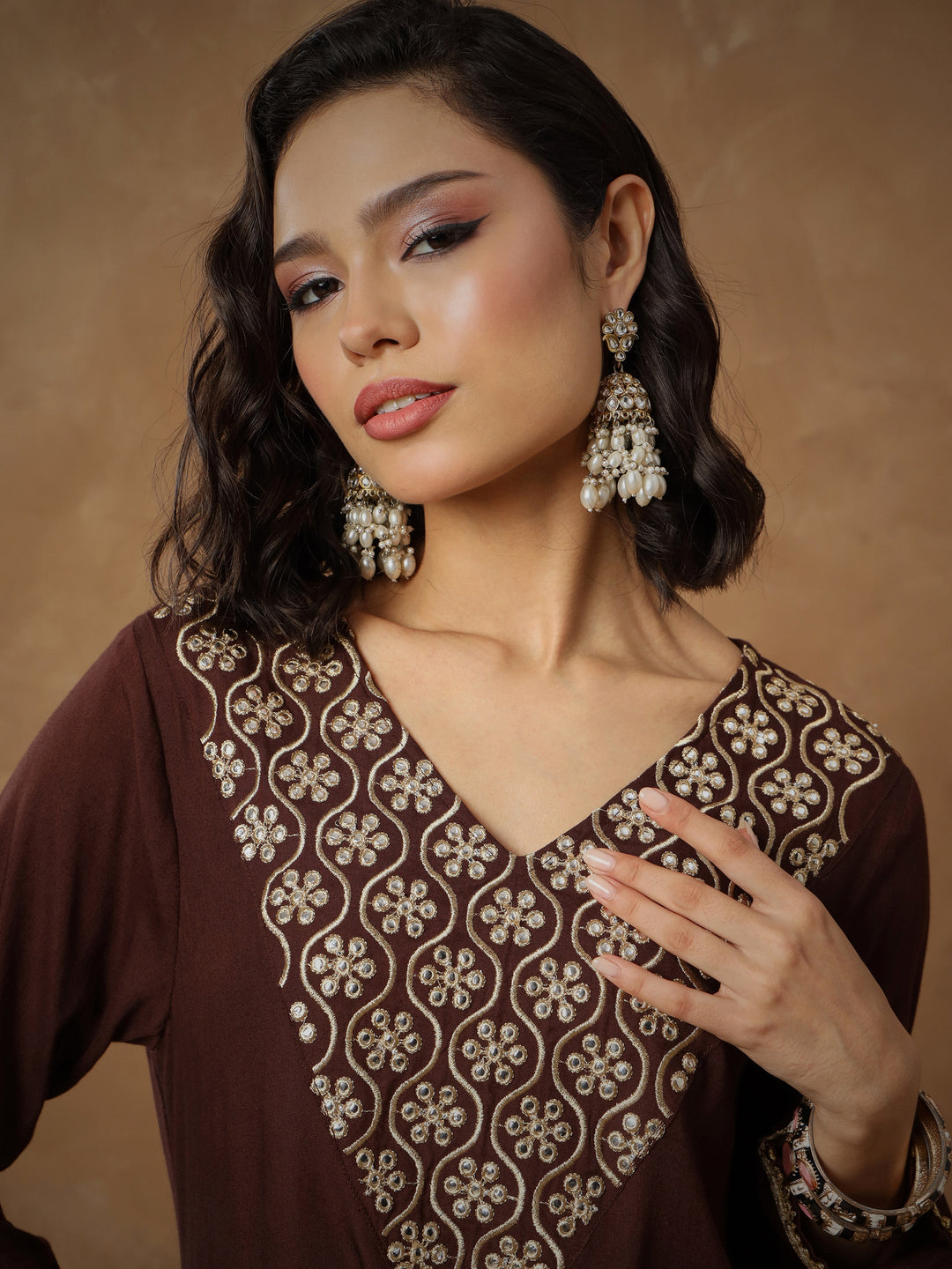 Women Brown Embroidered Short Kurta With Dhoti Skirt